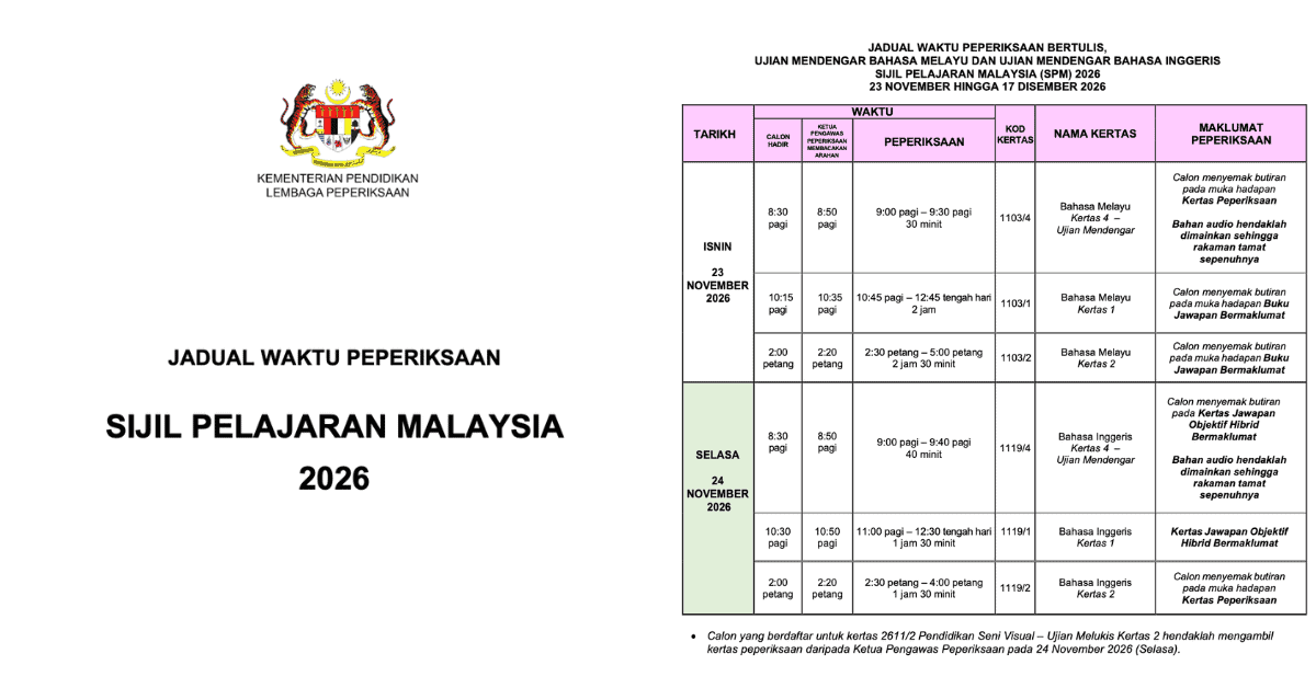 Tarikh & Jadual SPM 2026 (Lembaga Peperiksaan Malaysia)