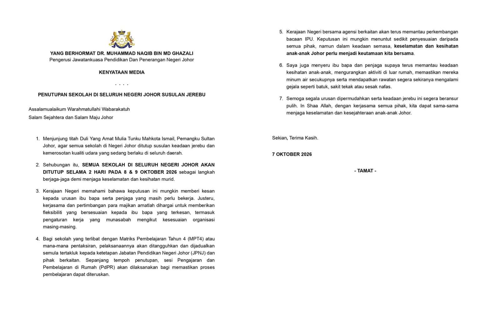 Penutupan Sekolah di Johor 8 & 9 Oktober Akibat Jerebu